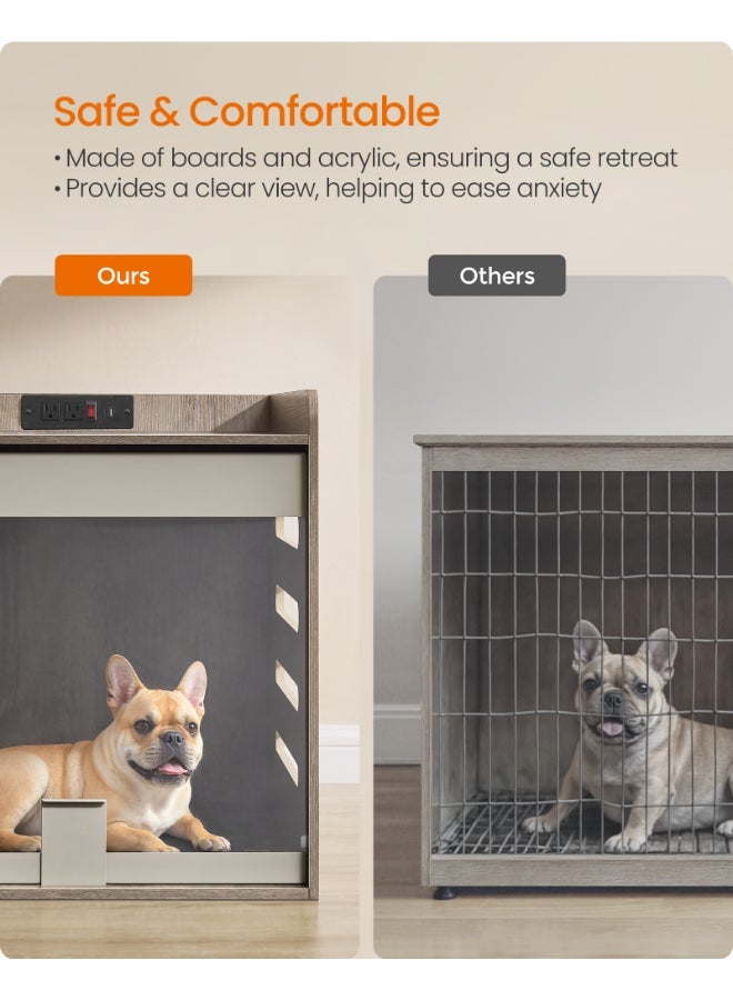 FEANDREA Modern Dog Crate Furniture with Built-in Charging Station - Indoor Wooden Kennel & Side Table with Flip-up Acrylic Door - For Small & Medium Dogs (Up to 45 lb) - Heather Greige - Image 4